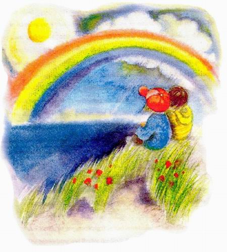 Logo: Zwei Kinder blicken auf einen Regenbogen — Kindergartenverein Rietberg e.V.